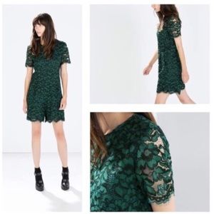 Zara Womens Short Sleeve Floral Lace Romper Emerald Green